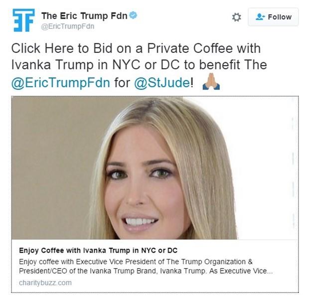 Hayrseverlik sitesi Charitybuzz'da alan "Ivanka Trump'la bir kahve" ak artrmasnda Londra'ya yaayan Trk finans Ozan zkural 57 bin 888 dolarlk teklif verdi. Ak artrmay kazanan Trump'la bir kahve iecek.