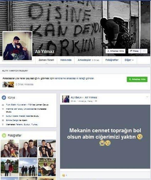 ehit Uzman avu Ali Ylmaz, 10 ubatta nianlanmt. ehit Ylmaz, son fotorafn ise 18 Kasm 2016&#8217;da nianls ile birlikte paylat. Acl haberin gelmesi ile ehit Uzman avu Ali Ylmaz&#8217;n facebook profili ise acl mesajlarla donatld. ehit Ylmaz'n memleketi Karamanl'da topraa verilecei renildi.