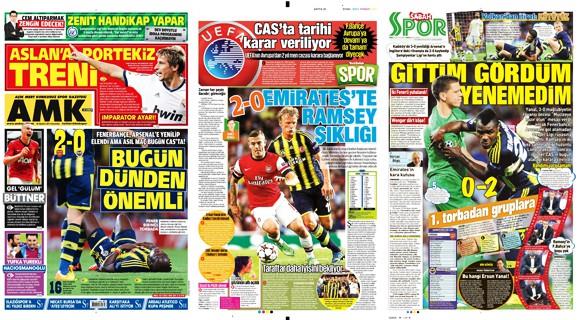 Arsenal karsnda 2-0 lk malubiyet ile ampiyonlar ligine veda eden Fenerbahe'nin bu veda sonras gazete manetleri..