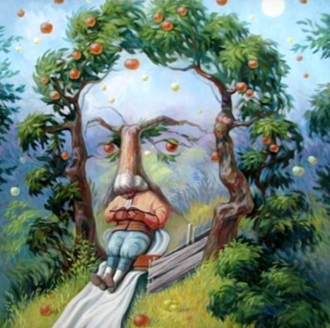 1- Adam- Elma-Yz  <p>  Resme dikkatlice bakn. Resimde ilk olarak ne gryorsunuz? Resimde grdnz ilk ey ne oldu?  <p>  A- Yz<p>     B- Oturan Bir Adam   <p>  C- Elmalar