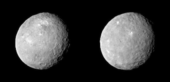 Ceres'te esrarengiz klar  <br>  NASA tarafndan yaplan aklamada bilgi veren Almanya'nn Max Planck Gne Sistemi Aratrma Enstits'nden Andreas Nathues, "Bu tamamen beklenmedik ve srrn henz bilmediimiz bir durum... Daha parlak olan nokta, kameramzla grntlemek iin ok kk. Ancak kk olmasna ramen Ceres zerindeki en parlak yeri temsil ediyor" dedi.