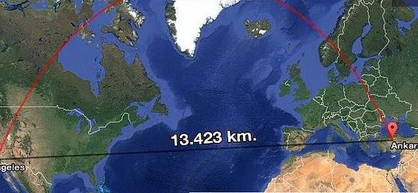 Dnya yzeyi kresel bir eri olduu iin, iki nokta arasndaki en ksa mesafe de dmdz yerine eri bir izgi olmaktadr. ki boyutlu dzlemde bu izgilere baktnzda gerek en ksa mesafe izgisi, dorusal mesafeden ok daha uzun gzkr.