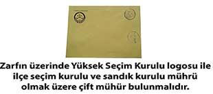 Zarfn arkasnda &#8220;Trkiye Cumhuriyeti Yksek Seim Kurulu&#8221; filigran bulunmayan,  sandk kurulu mhr bulunmayan,