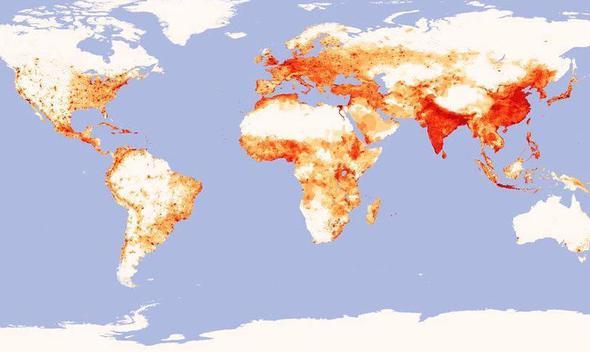 Dnya nfusunun en ok younlat blgeler younluk derecesine gre beyazdan krmzya doru renklendirilmi.