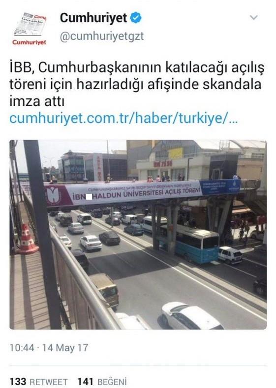 stanbul Bykehir Belediyesi, bn Haldun niversitesi'nin 20 Mays'ta yaplacak al trenini duyuran afileri ehrin eitli noktalarna ast. Cumhuriyet gazetesi bugn bir fotoraf yaynlayarak, alna Cumhurbakan Recep Tayyip Erdoan'n da katlaca organizasyonun afiinde bir hata yapldn ne srd.