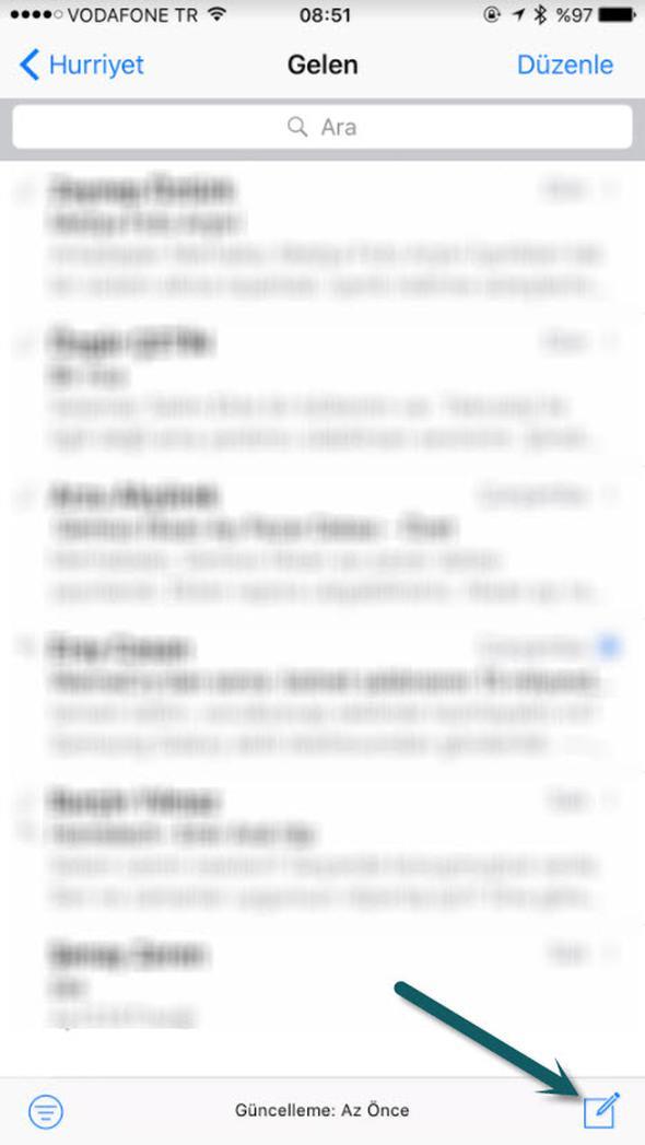 Yeni e-mail atarken dokundu�unuz ve sa� alt k��ede bulunan Yeni Mesaj simgesine uzun s�re dokunursan�z bak�n ne oluyor?