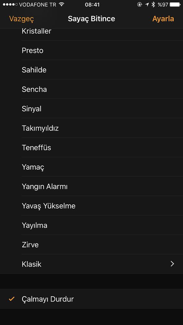 Bu �zelli�i eminiz pek �o�unuz bilmiyor. Saat �zelli�ine girin; ard�ndan Saya� Bitince k�sm�na girerek �almay� DurDur se�ene�ini se�in.