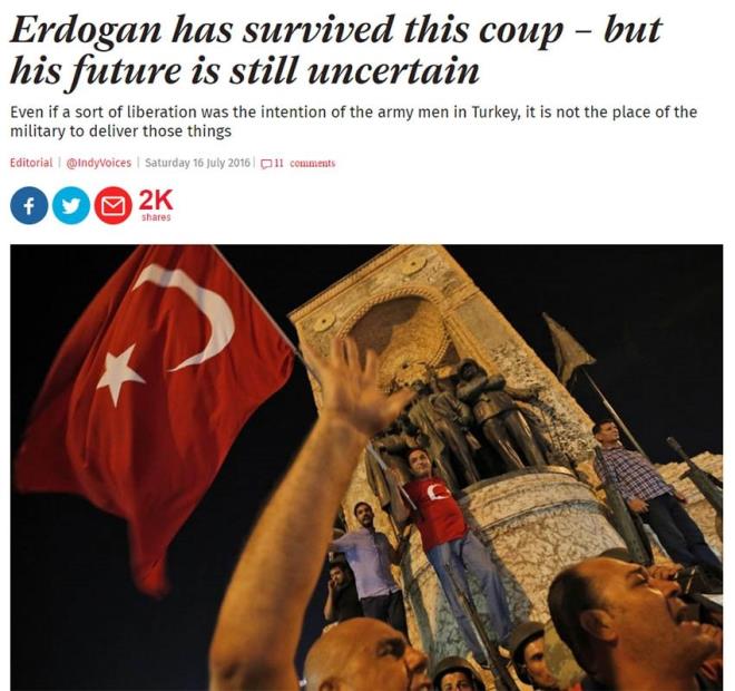 INDEPENDENT: "Erdoan Darbeyi Atlatt Ama Gelecei Kesin Deil"