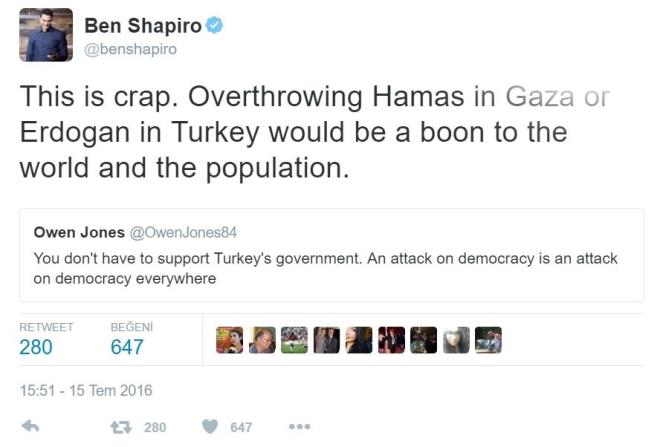 Ben Shapiro: "Erdoan' Ve Hamas' Devirmek Dnyaya Byk Bir Iyilik"