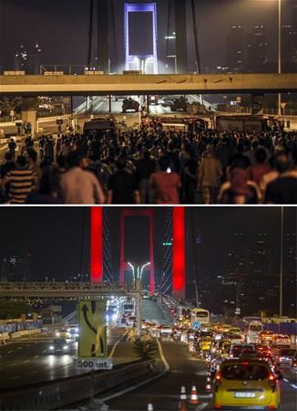 Fetullah Terr rgt&#8217;nn (FET) 15 Temmuz 2016 gn kalkt lkemiz tarihinin en acmasz darbe giriiminin zerinden bir yl geti. Bir grup hain tarafndan Trk demokrasisini yok etmeye ynelik bu giriim, asil bir duru sergileyerek gsn kurunlara siper eden Trk halk tarafndan pskrtld. Darbecilerin saldrlarnda 249 vatandamz ehit olurken, 2193 kii de yaraland. Anadolu Ajans, direniin simgesi haline gelen ve  o gece ar hasar gren yerleri, darbenin yldnmnde yeniden fotoraflayarak o gnk haliyle bugnk durumunu yan yana getirdi. Darbe giriimi srasnda vatandalarn en ok direni gsterdii Boazii Kprs'nn ad, "15 Temmuz ehitler Kprs" olarak deitirildi. Kprnn zerindeki gieler de kalkt.