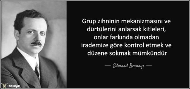 Tketen insan modelinin ilk tohumlar Bernays&#8217;tan <p>    Edward Bernays ad gnmzde artk pek iitilmese de topluma olan etkisi days Freud kadar (belki ok daha) fazla. Freud&#8217;un fikirlerini en iyi anlayanlardan derken aslnda Bernays&#8217;n, Freud&#8217;un fikirlerini alp kitle maniplasyonu iin kullanan ilk insan olduuna atfta bulunulur. Dnyann kapitalistleme srecinde pay azmsanamayacak kadar byk kabul edilir. Amerikan irketlerine, insanlarn ihtiyac olmayan rnleri satn almaya nasl ikna edeceklerini ilk gsteren kiidir kendisi. Dnyay etkisi altna alan tketen insan modelinin ilk tohumlar Bernays&#8217;n ynlendirmeleri ile atlmtr.
