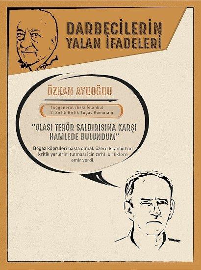 Tanklar polislerin gvenliini salamak iin gndermi    <p>Eski stanbul 2. Zrhl Birlik Tugay Komutan Tugeneral zkan Aydodu da savunmasnda, darbe giriiminin yaand akam, Boaz kprleri bata olmak zere stanbul'un kritik yerlerini tutmas iin zrhl birliklere emir verdiini kabullenerek, olas terr saldrsna kar byle bir hamlede bulunduunu ne srd.<p>    Aydodu, tanklar evik kuvvete neden gnderdiine ilikin soruya, "Polislerin gvenliini salamak iin gnderdim." yantn vermiti.