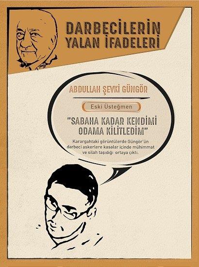 Odamdan kmadm" demiti, darbecilere silah tam  <p>  FET'nn darbe giriimi srasnda Genelkurmay Karargah'nda bulunan Genelkurmay Personel Bakanlnda grevli eski stemen Abdullah evki Gngr'n yalann da grntler ortaya kard.  <p>  Gngr, darbe giriimi sonrasnda teslim olmak yerine 17 Temmuz Pazar sabahna kadar kendisini odasna kilitlediini sylemiti ancak karargahtaki grntlerde Gngr'n stemen Kadir Bozan ile darbeci askerlere kasalar iinde mhimmat ve silah tad ortaya kt.