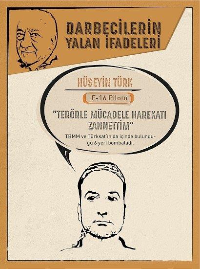 Meclisi bombalayp terrle mcadele etmi  <p>  Darbe giriimi srasnda Meclis'i bombalayan F16 pilotlarndan Hseyin Trk, yaananlar "terrle mcadele harekat" zannettiini syledi.<p>    Trk, FET'ye hizmet ettiini bilmediini iddia ederek "kinci verdikleri koordinatn ehir ii olduunu kendilerine ilettim, onlarn da 'sknt yok, at serbest' demeleri zerine belirttikleri yeri (TBMM'yi) bombaladm." dedi. Trk, darbe giriimini ise sse indiinde yer bakm ekibinden rendiini sylemiti.