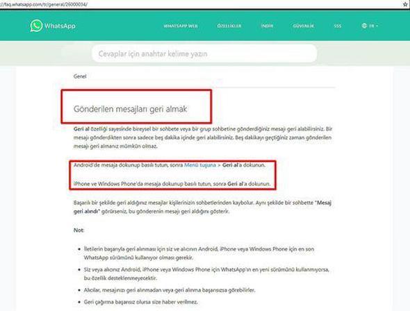 Ancak bunun bir zaman kstlamas var. Gnderilen mesaj geri almak iin en fazla 5 dakikanz var. Aksi takdirde mesaj geri alamyorsunuz. Mesaj geri almay baarp baarmadnz ise &#8220;mesaj geri alnd&#8221; ibaresini grdnzde anlayabiliyorsunuz.