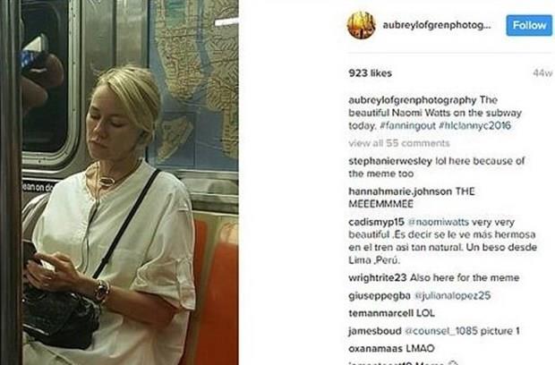 Lofgren, Watts&#8217;n fotorafn Instagram hesabndan &#8220;Gzel Naomi Watts bugn metroda&#8221; notuyla paylat.