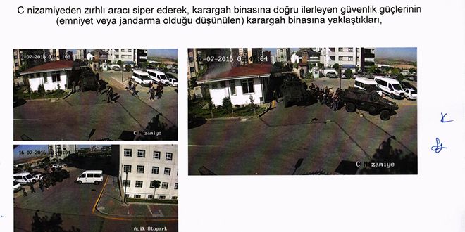 Bilirkii raporuna gre, Jandarma Genel Komutanlndaki eylemler, 15 Temmuz 2016 saat 21.00 sralarnda balad.    Harekat merkezi ve nbeti heyettekilerin rehin alnmalar zerine darbecilere mdahale etme karar alnd ve polis zel harekat ile jandarma timleri hazrland.    Darbe giriiminin iine ekildiklerini anlayan zrhl muhabere aralar (ZMA) kullanan personelin ikna edilmesi sonucu nizamiye giriindeki elik mantar bariyerler imha edildi.