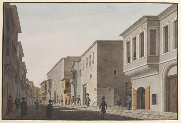 ngiltere'nin Bakenti Londra'daki Victoria ve Albert Mzesi koleksiyonlarnda 1809 ylndaki stiklal Caddesi'nin resmedildii bir tablo bulunuyor. Mzedeki bilgilere gre tablo Yunan bir ressamn eseri ve grlen bina dnemin ngiliz Elilii'ne ait. Bugn tablodaki yerde Hollanda Bakonsolosluunun olduu dnlyor.