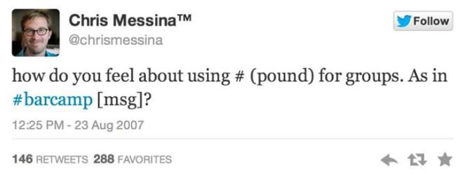 lk hashtag, Chris Messina tarafndan 2007 ylnda kullanld.