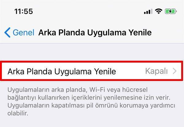 ARKA PLANDA UYGULAMA YENLEY KAPATIN    Arka planda uygulama yenile zelliini kapatn. Aksi takdirde uygulama ieriinin yeniler durur. Mesela Facebook veya Twitter'a girdiinizde, haber kayna ve dier gncellemeler siz istemeden otomatik olarak karnza gelecektir. Bir yandan faydal, ama dier yandan pil mrn biraz yiyen ve ilemci dngsnde yer kaplayan bir ilem. Bu seenee Ayarlar>Genel>Arka Planda Uygulama Yenile'den ulaabilirsiniz. sterseniz tm uygulamalar kapatabilir veya listeden tek tek istediinizi seebilirsiniz.