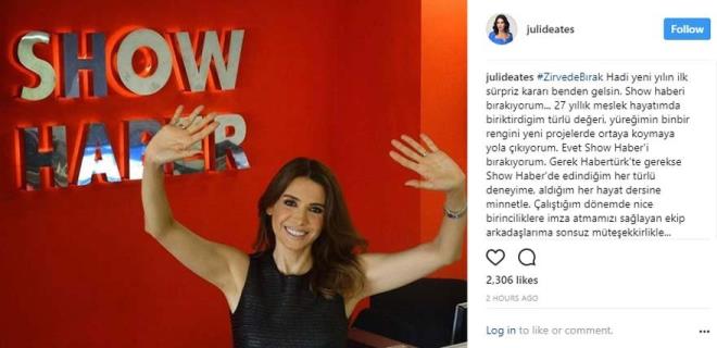 Jlide Ate istifasyla srpriz yapt. 2015 tarihinden bu yana Show Ana Haber Blteni'ni sunan Jlide Ate, sosyal medya hesabndan paylat uzun bir veda notuyla kanaldan ayrldn duyurdu.