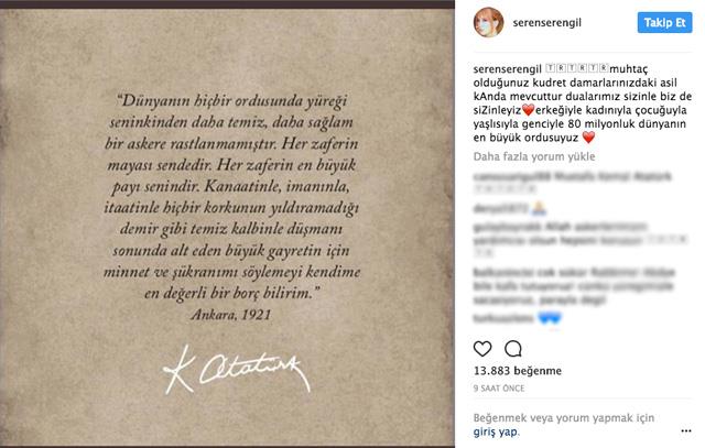 SEREN SERENGL: "Muhta olduunuz kudret damarlarnzdaki asil kanda mevcuttur" dualarmz sizinle biz de sizinleyiz&#8230; Erkeiyle, kadnyla, ocuuyla, yalsyla, genciyle 80 milyonluk&#8230; Dnyann en byk ordusuyuz