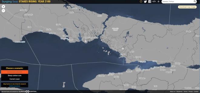 �STANBUL'UN KIYILARI DA NAS�B�N� ALACAK  <br>    Uluslararas� �klim De�i�ikli�i Merkezi (Climate Central) ara�t�rman�n verilerine dayanarak, 2100 y�l�nda denize k�y�s� olan �ehirlerin iklim de�i�ikli�inden nas�l etkilenece�ine dair interaktif bir harita ve �e�itli foto�raflar yay�nlad�.     Buna g�re global deniz seviyesindeki art��tan �stanbul'un k�y�lar� da nasibini alacak.