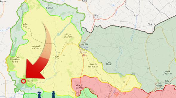 TSK ve SO artk Afrin merkezine giden kritik nemdeki Cinderes beldesinin ok yaknlarnda. Cinderes kuatmas devam ediyor. Terristlerin Kilis boyunca Trkiye snr ile balants kesilmiti. Bat'daki Raco'nun Trkiye'ye doru sarkan bat yamalar da terristlerden temizlendi.