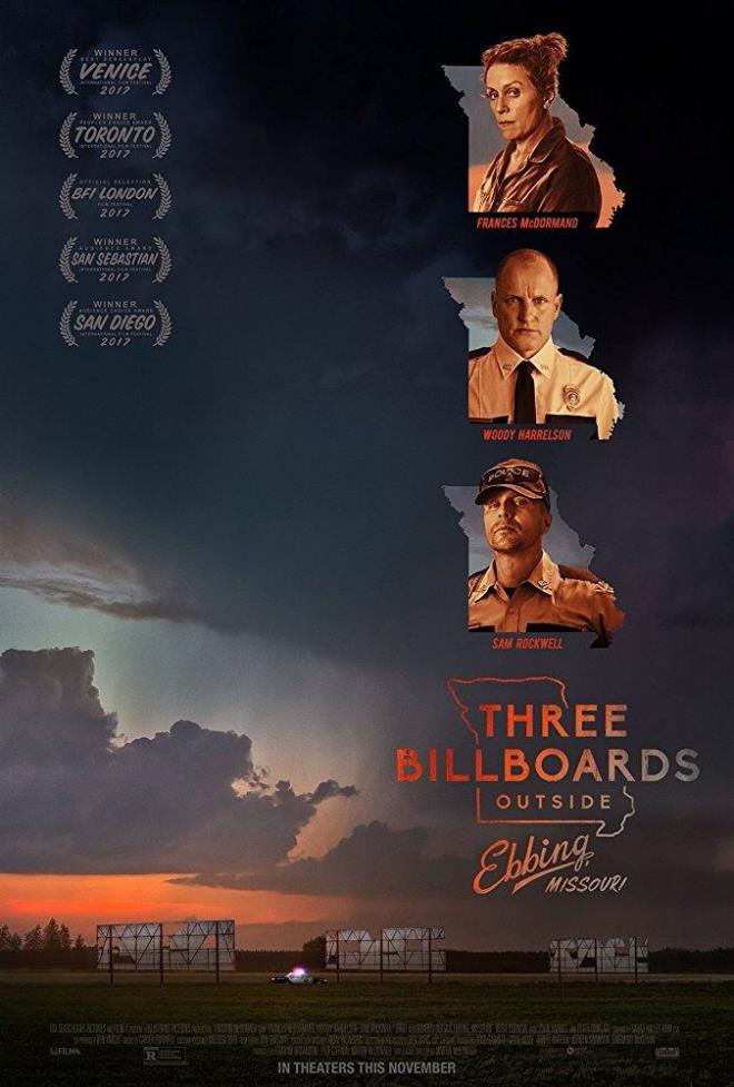 Three Billboards Outside Ebbing, Missouri  <br>    Akademi dl sahibi Martin McDonagh'n kara mizah trndeki filmi Three Billboards Outside Ebbing, ilk kez 4 Eyll 2017'de 74. Venedik Uluslararas Film Festivali'nde gsterime girdi. Festivalden en yksek puanlarla dnen ve En yi Senaryo dln kazanan film, Britanya Bamsz Film dlleri'ne 11 dalda aday oldu.