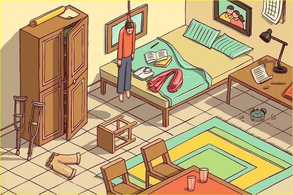 Bu olay cinayet. Masadaki saatin krlmas odada bouma olduunu gsteriyor. Ayrca 2 tane su barda detay da odada len adamn haricinde bir kii daha olduu sonucuna ulatryor. Btn bunlarn yannda yataktaki kitap ve defterden adamn kitap okuduu ve baz notlar aldn anlayabiliriz. Ancak masann stndeki intihar notunun baka bir kalemle yazlmas da phe eken dier bir unsur. Son olarak, adamn koltuk deneklerinin asld yerden uzakta durmas olayn intihar olmadnn ispat.