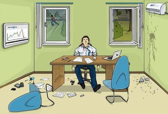 Bu resim dierlerinden biraz daha farkl. nk detaylar olayn cinayet olduu asndan da yorumlanabilir, intihar olduu asndan da.Cinayet olduunun ispatlar:Odada bouma olduunu gsteren kantlarn olmas. Bardan durduu yerden adamn solak olduu grlmesi ama silahn sa tarafa dm olmas. Arka tarafta ak pencereden katn dnebileceimiz baka birinin katnn grlmesi.ntihar olduunun ispatlar:Duvardaki ekrandan adamn iflas ettiini anlamamz. Sarho olan adamn oday datp, iki iesini duvara doru frlatp krm olabilecei dncesi. Masadaki intihar notu. Ayrca dardaki adamn pencerenin ak olduu yne deil de dier tarafa doru kouyor olmas.Dolaysyla hangi sonuca ulatysanz, dorusunuz.