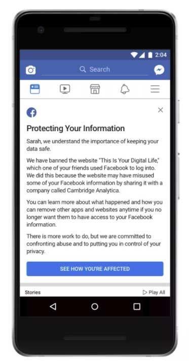 &#8220;Hesabnz Koruma&#8221; balyla gelen bildirimde, eer arkadalarnzdan biri Cambridge Analytica&#8217;nn data toplad &#8220;This is Your Digital Life&#8221; soru yarmasna balanmsa, size uygulamann engellendii bilgisi veriliyor.