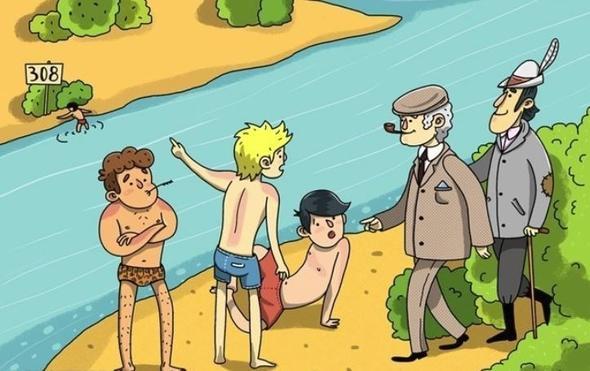 Nehir ok derin ve hzla akyorsa nehrin dier kysndaki adamn yzerek oraya gemesinin imkan yoktur. Adam zaten o kyda serinliyordur ve pheliler dedektifin konutuu genlerden biridir.