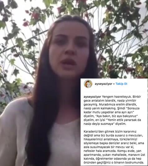 BYLE VEDA ETTLER; te Aye Ferda Erylmaz ve Nehir Erdem&#8217;in o aklamas: &#8220;Yengem hasretteyuk. Binbir gece anlatalm isterdik, nasip yirmibir geceymi. Muradmza erelim dilerdik, nasip yarm kalmakm. imdi &#8220;Sonsuza kadar mutlu yaadlar ama ayr ayr&#8221; diyelim, &#8220;Aya bakn, biz aya bakyoruz&#8221; diyelim, en iyisi &#8220;Yemin ettik yanarsak da nasip deyip susmaya&#8221; diyelim.  <p>  Karadeniz&#8217;den gitmek bizim kararmz deildi ama biz burda susarz o mevzular, hikayelerimizi anlatmaya, trklerimizi sylemeye baka denizler ararz belki, ama asla susulmayacak bir mevzu var ki, nefesler hala aramzda. Komu evde, yan apartmanda, yukar mahallede, manavn st katnda, retmenler odasnda ya da hep nnden getiiniz o binann bodrumunda.