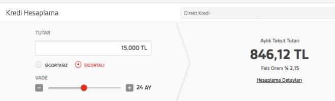 Akbank'tan 24 taksitli 15 bin lira bedelli kredisi ekenler aylk olarak 846,12 TL lira taksit deyecekler.