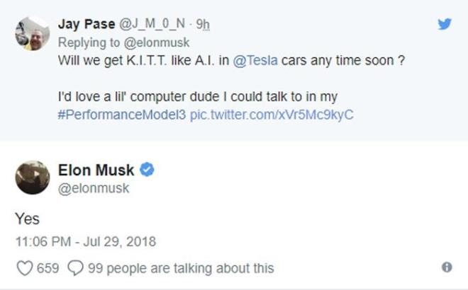 Twitter'da bir kullancsnn "Yaknda Tesla otomobillerde K.I.T.T gibi bir yapay zekaya sahip asistanmz olacak m?" sorusuna Musk "Evet" yantn verdi.