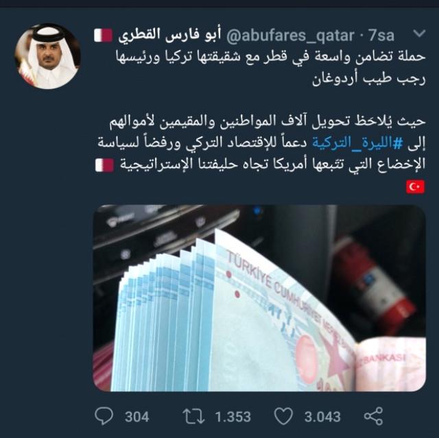 KATAR: Katarl� yazar ve medya y�neticisi Jaber El-Harmi, ABD'nin T�rkiye'ye a�t��� ekonomik sava�a ili�kin a��klamalarda bulundu. T�rk�e tweet atarak T�rkiye'ye destek olan Harmi, �u ifadeleri kulland�:Amerika’n�n T�rkiye’ye kar�� birlik olup sava� a�masi beklenen bir �ey. T�rkiye'nin "M�sl�man bir �lkenin" ekonomik ve siyasi a��dan ba��ms�z olmas�n� kabullenemiyorlar.Ama baz� Araplar�n,T�rkiye’ye a��lan sava�a sevinmeleri ve destek vermeleri b�y�k Al�akl�kt�r ..