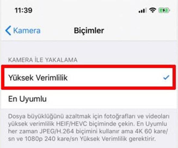 iOS 11'de fotoraflarn ve videolarn daha kk boyutta yer kaplamasn salayan dosya format var. Fotoraflar HEIF, videolar ise HEVC dosya formatn kullanyor. Bu iki format, depolama alannda daha az yer kaplyor. Yeni HEIF ve HEVC formatlarn Ayarlar>Kamera>Biimler ksmndan aktif edebilirsiniz.