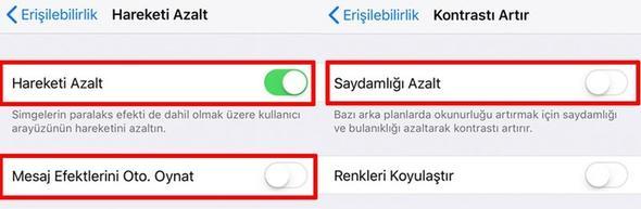Apple, iOS'a derinlik hissi vermek iin eitli efektler kullanr. Bu hareket efektleri kullanm deneyiminin zengin olmasn salar, kopuk animasyonlar oluturmazlar. Yine de devre d braklmalar, performansn artmasn salar.