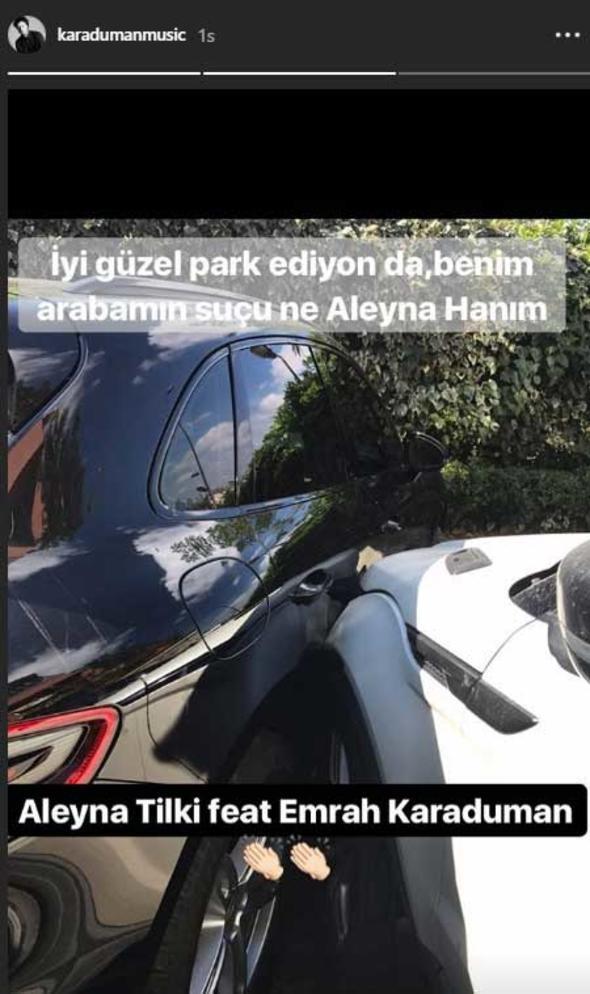 KAZA DEL NATLATIK  Aleyna Tilki, 700 bin TL&#8217;ye ald arabasn park ederken Emrah Karaduman&#8217;n aracna arpmas hakknda da konutu. nl arkc, &#8220;Kaza deil o. Emrah, &#8216;bana oradan kamazsn&#8217; dedi. Ben de &#8216;hayr kabilirim&#8217; dedim.natlatk biraz. ktm da aslnda ama sonra baktm Emrah&#8217;n arabasna srtmm. Emrah&#8217;n suu, uyarmas lazmd beni&#8221; dedi. &#9674;