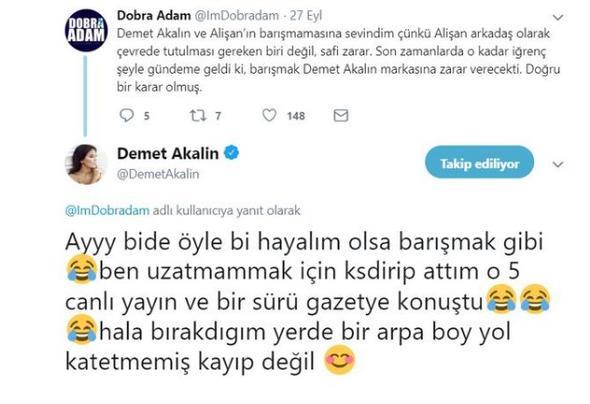 Demet Akaln ise u cevab verdi: 'Hayalim olsa barmak gibi, ben uzatmamak iin kestirip attm. O canl yayn ve gazeteye konutu. Hala braktm yerde bir arpa yol katetmemi, kayp deil.'