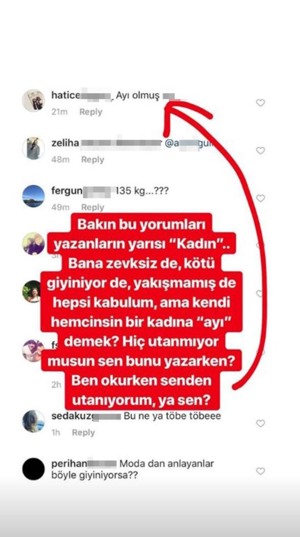 te Buse Terim ve Hadise'nin o paylamlar:    'YLE KT KALPLSNZ K'  Bakn bu yorumlar yazanlarn yars kadn. Bana zevksiz de, kt giyiniyor de, yakmam de, hepsi kabulm. Ama kendi hemcinsin bir kadna 'ay' demek? Hi utanmyor musun bunlar yazarken? Ben okurken senden utanyorum. Ya sen?