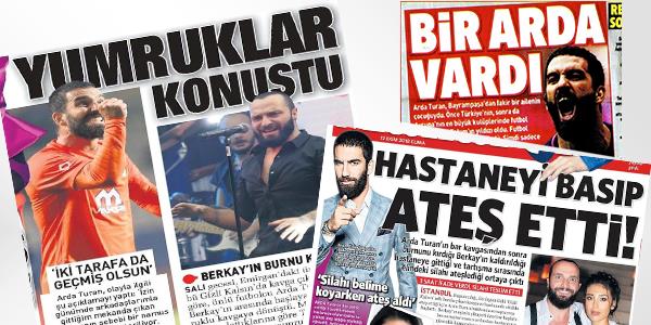 Trkiye Medipol Baakehirli futbolcu Arda Turan ve arkc Berkay ahin'in kavgasn konuuyor. Bir elence mekannda balayan tartma nce hastaneye sonra emniyete tand. Taraflar hatta eleri konuyla ilgili aklamalar yapt. te Arda Turan ve Berkay ahin kavgas hakkndaki gazete manetleri, haberler ve ke yazlar...