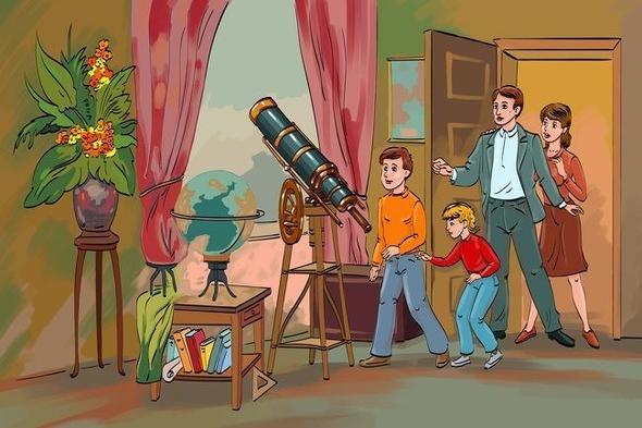 Resimde bir g�k bilimci gizli. �ocuklar onun odada bir yerlerde oldu�undan emin. Bakal�m bulabilecek misiniz?