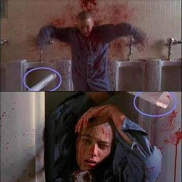 American History X &#8211; Sayfalarn yere dp tekrar ortaya kmas... Danny&#8217;nin filmin sonlarna doru vurulduu sahnede, elindeki katlar da kendisi gibi havalanr ama Danny&#8217;nin vurulduktan sonra yerde yatarken ekildii sahnede bu katlarn hala elinde olduunu grebiliyoruz.