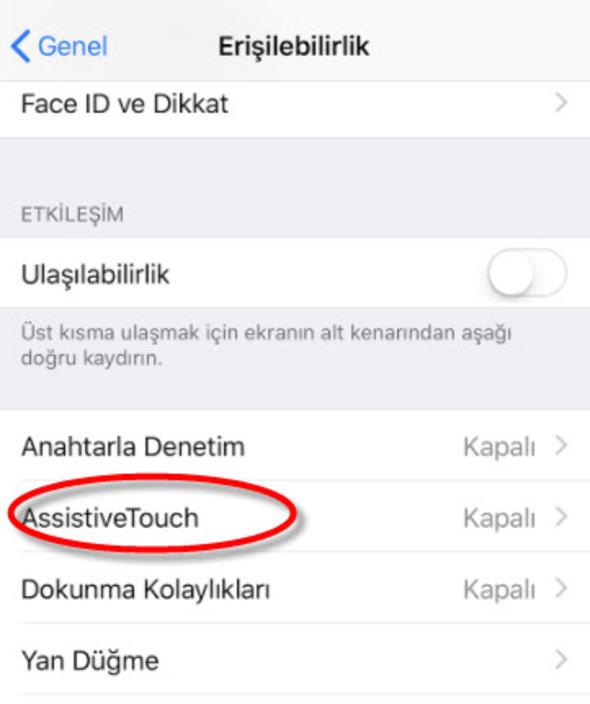 AssistiveTouch seeneini aktif edin...