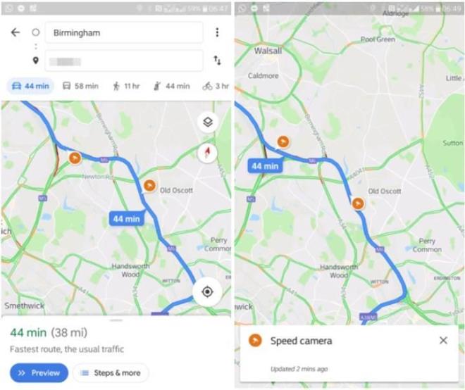 Grselde de grebileceiniz gibi Google Haritalar uygulamasnda, yol zerindeki radar uygulama noktalar kamera simgeleriyle belirtilmi durumda.