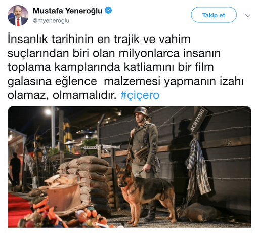 AK PART DE ELETRD: te yandan, iero galasndaki bu grntlere AK Parti'den de tepkiler geldi. AK Parti stanbul Milletvekili Mustafa Yenerolu, Yahudi toplumunu rahatsz eden etkinlie sessiz kalmayarak, "nsanlk tarihinin en trajik ve vahim sularndan biri olan milyonlarca insann toplama kamplarnda katliamn bir film galasna elence malzemesi yapmann izah olamaz, olmamaldr." dedi.