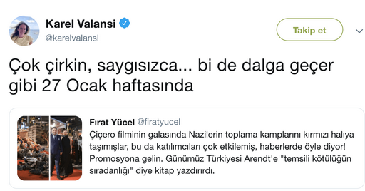 alom Genel Yayn Ynetmeni Ivo Molinas ise "&#8216;iero&#8217; filminin galasna baknz. Bu anlalmaz cehaleti, bilinsizlii nasl anlatacaz?" tepkisini gsterdi.Galaya bir tepki de alom Gazetesi yazar Karel Valansi'den geldi. Valansi, "ok irkin, saygszca... Bir de dalga geer gibi 27 Ocak haftasnda" ifadelerini kulland.