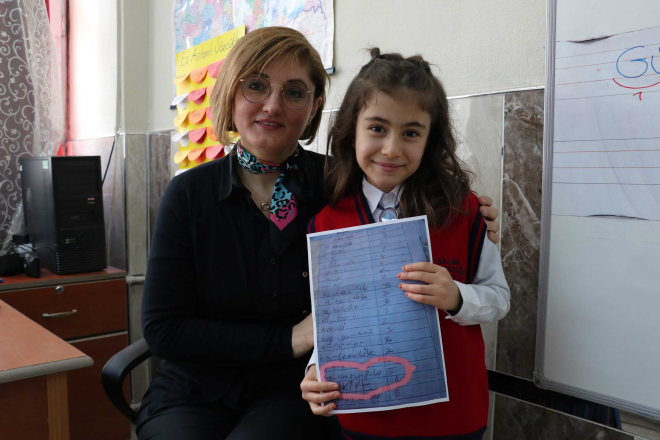 Salim Hazardal lkokulunda retmen Handan Metin, Trke dersinde rencilerine dev olarak baz kelimeler vererek, hecelere ayrmalarn istedi.